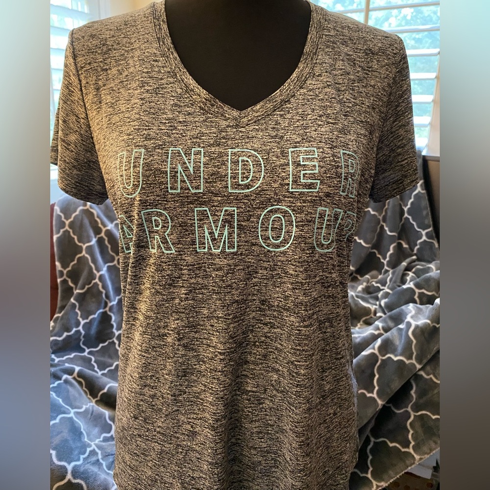 M - Gray w/ Teal writing Under Armour Polyester T-Shirt